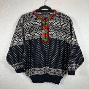 Norlender Unisex Sweater Small Wool Embroidered Fair Isle Black Clasp Vtg